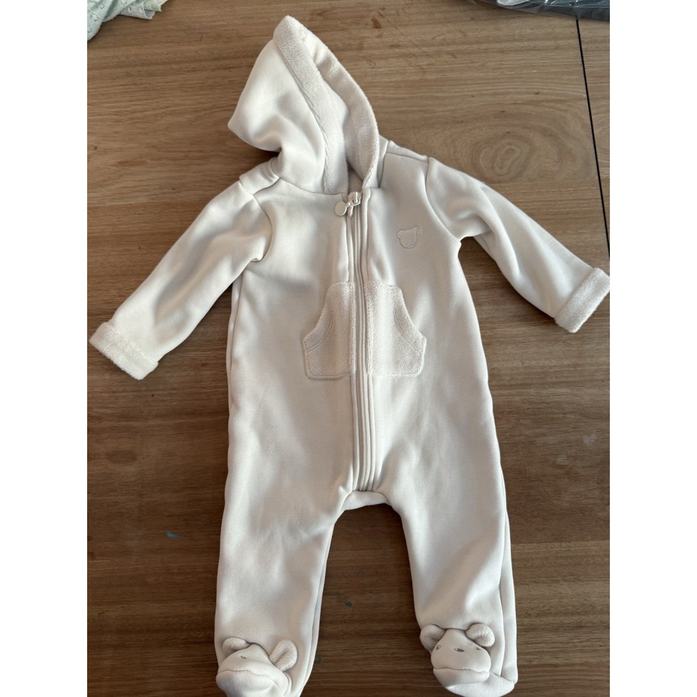 Fagottino Baby Hooded Bunting Pram Suit Ivory Fleece Bear Footies Zip Unisex 0-3